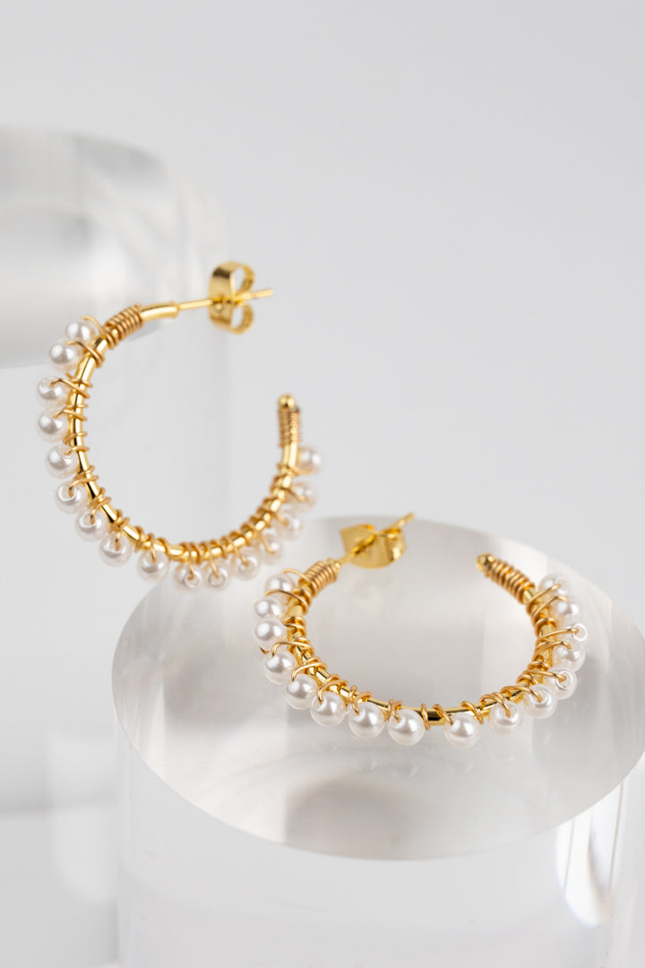 Wire Wrapped Pearl Hoop Earrings