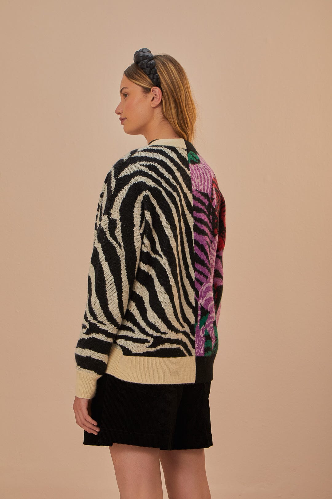 Zebra And Floral Mix Knit Cardigan