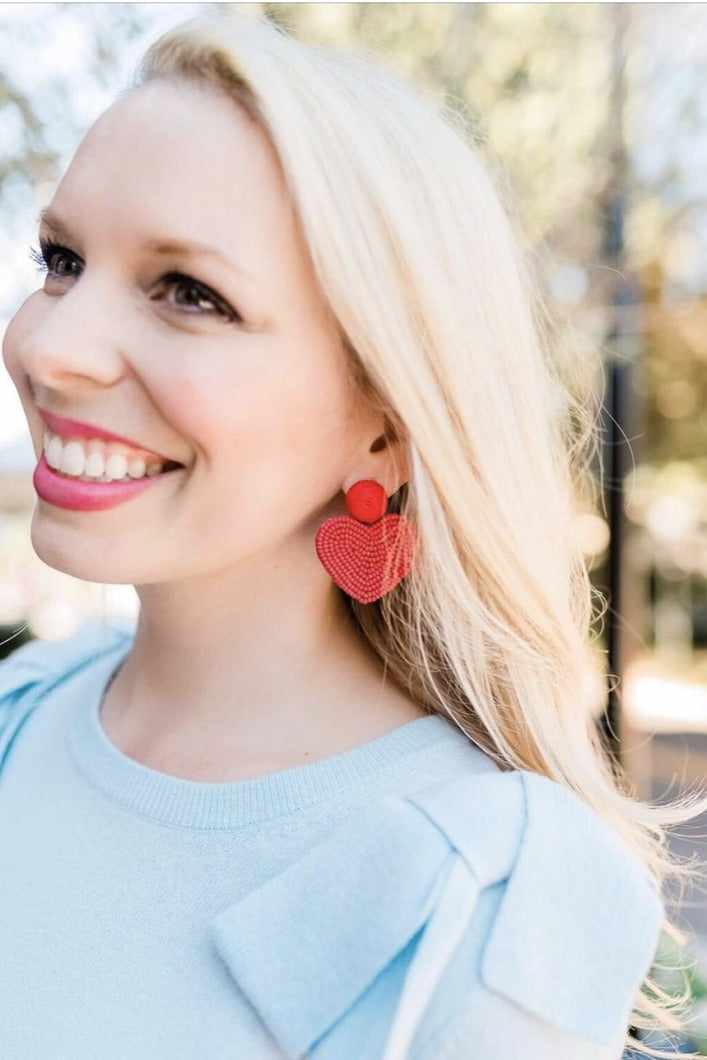 Red Beaded Heart Drop Earrings