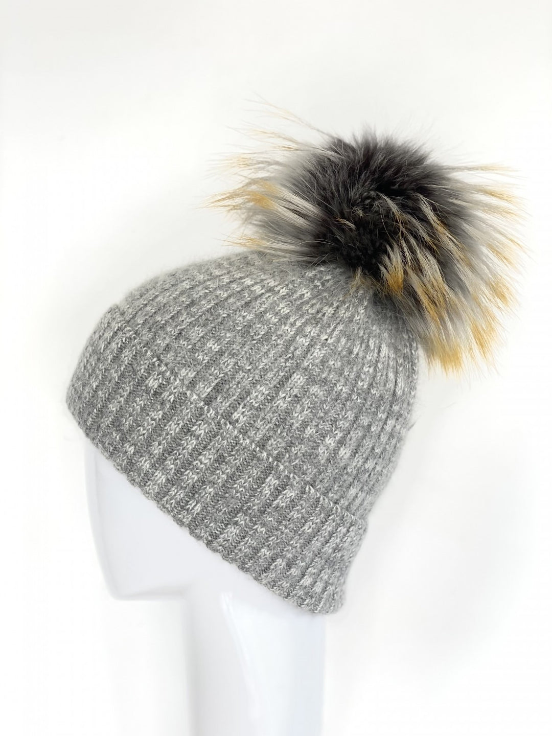 Gray Angora Tweed Fur Pom Hat