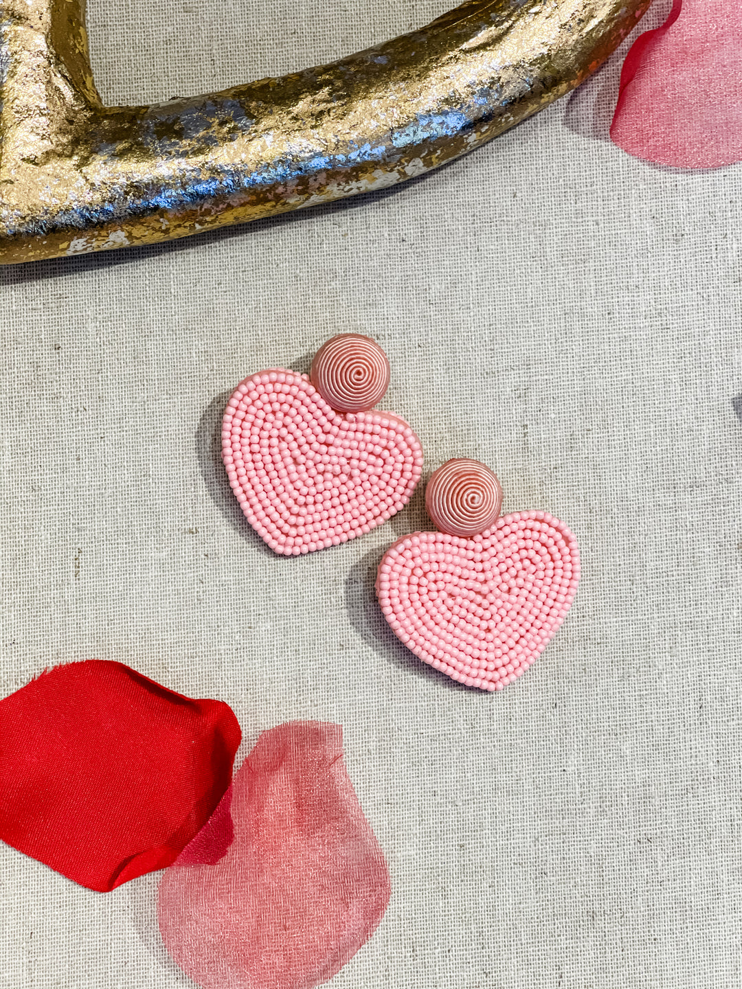 Pink Beaded Heart Drop Earrings