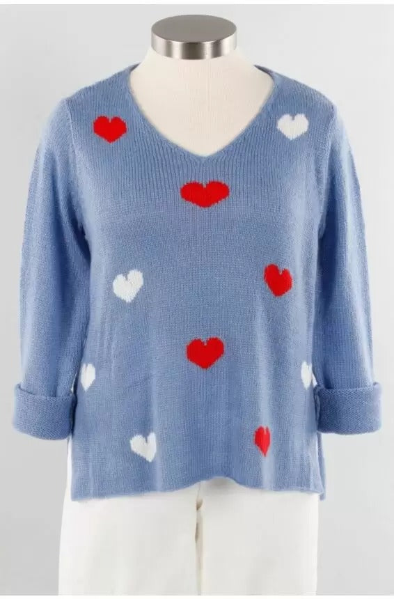 Mini Hearts Scandia Blue V-Neck Sweater