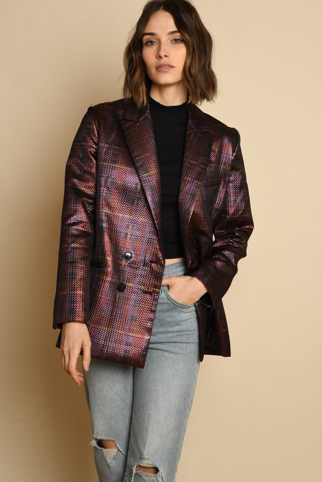 Multicolor Dark Plaid Jacquard Blazer