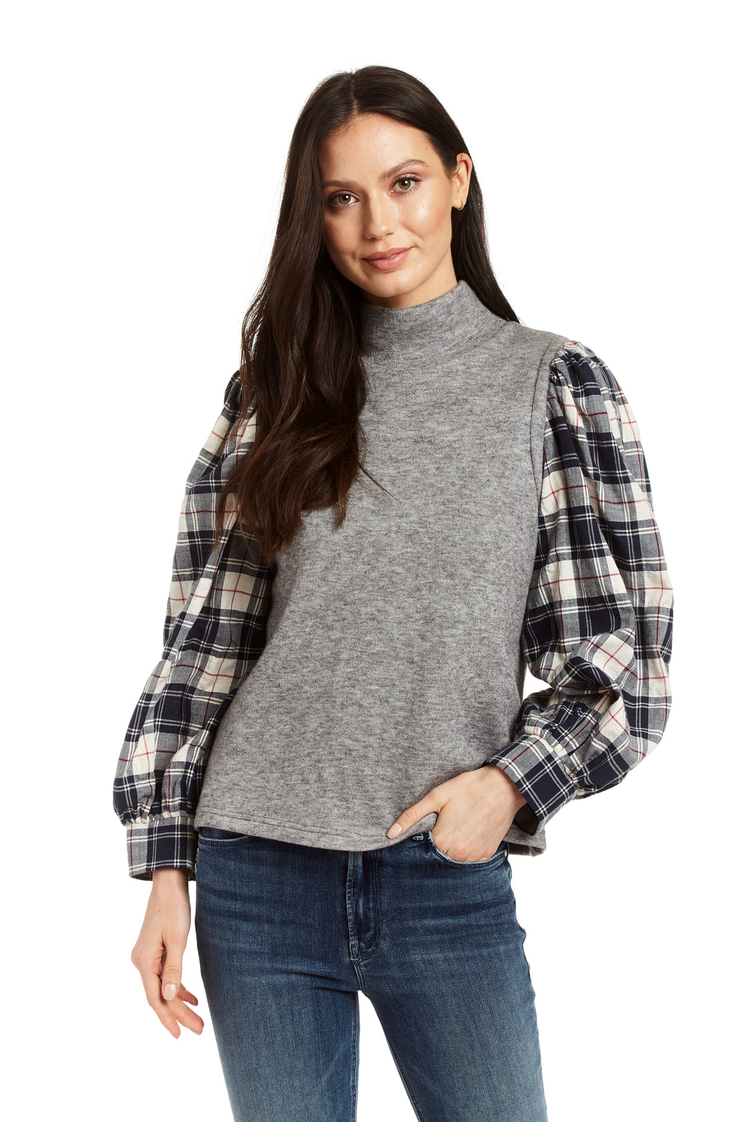 Plaid Bubble-Sleeve Mixed Shirt