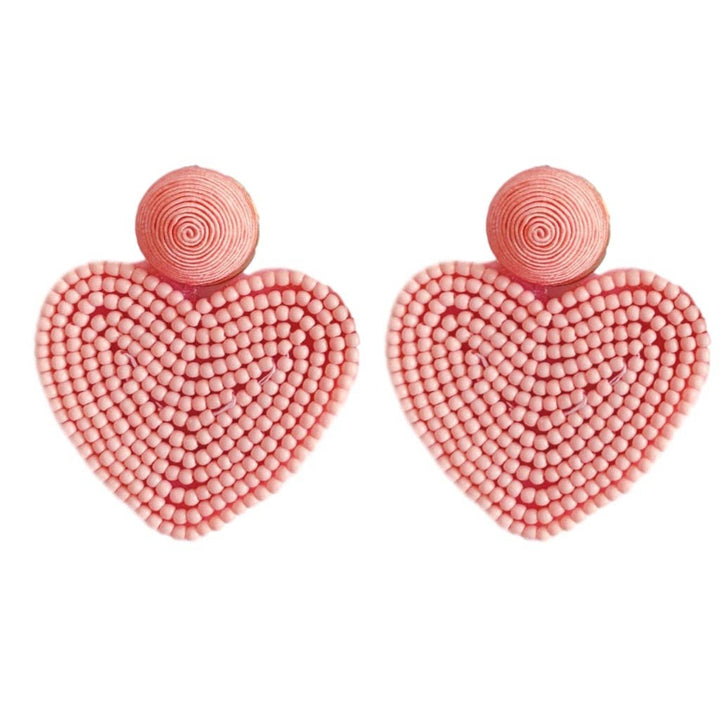 Pink Beaded Heart Drop Earrings